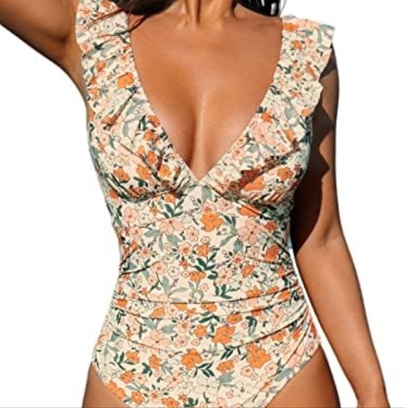 CUPSHE Floral Lace Up Back 1 Piece Swimming Suit NEW! - Picture 1 of 6